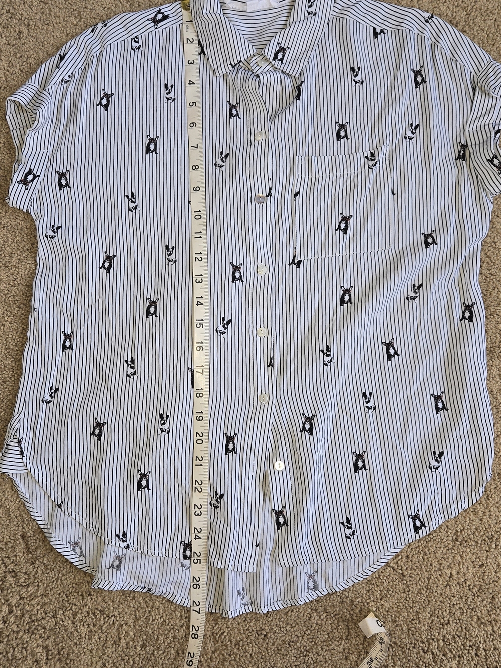Women's Black and White Striped Short-Sleeve Button-Up French Bulldog Top Small - Picture 5 of 8